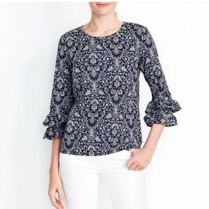 JCrew Blue Floral Double Ruffled Sleeve Top